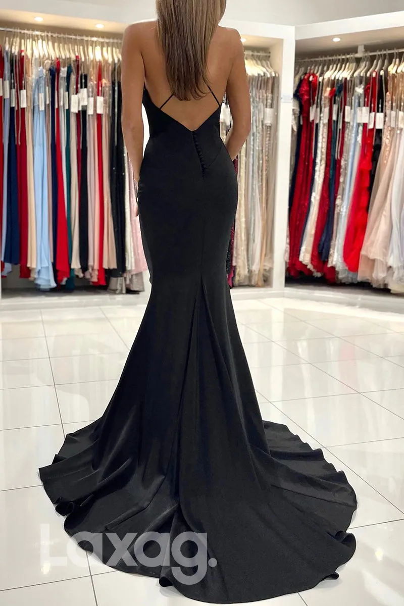 21828 - Spaghetti V Neck Classic Satin Black Mermaid Prom Evening Dress