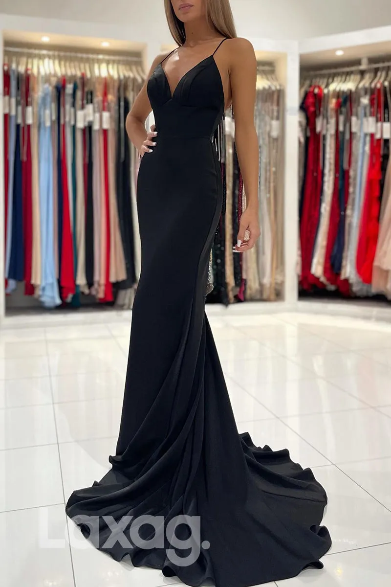 21828 - Spaghetti V Neck Classic Satin Black Mermaid Prom Evening Dress