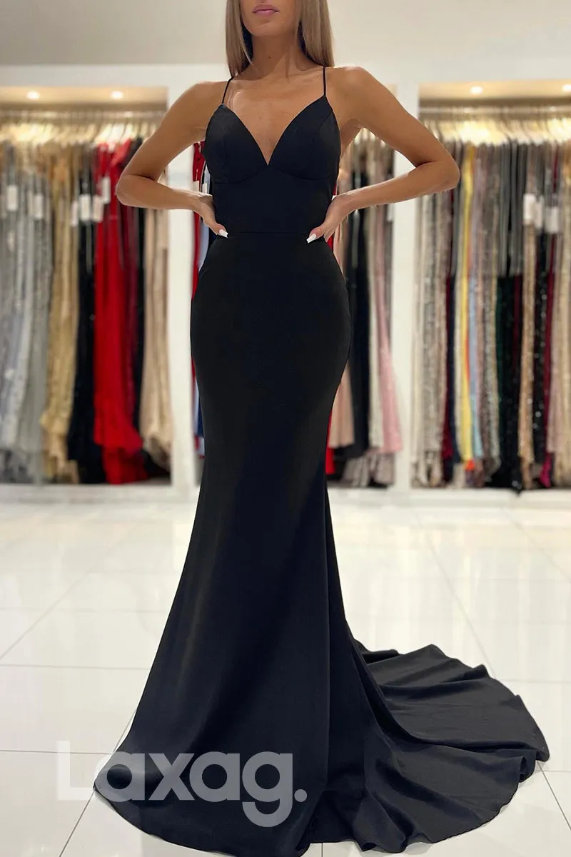 21828 - Spaghetti V Neck Classic Satin Black Mermaid Prom Evening Dress