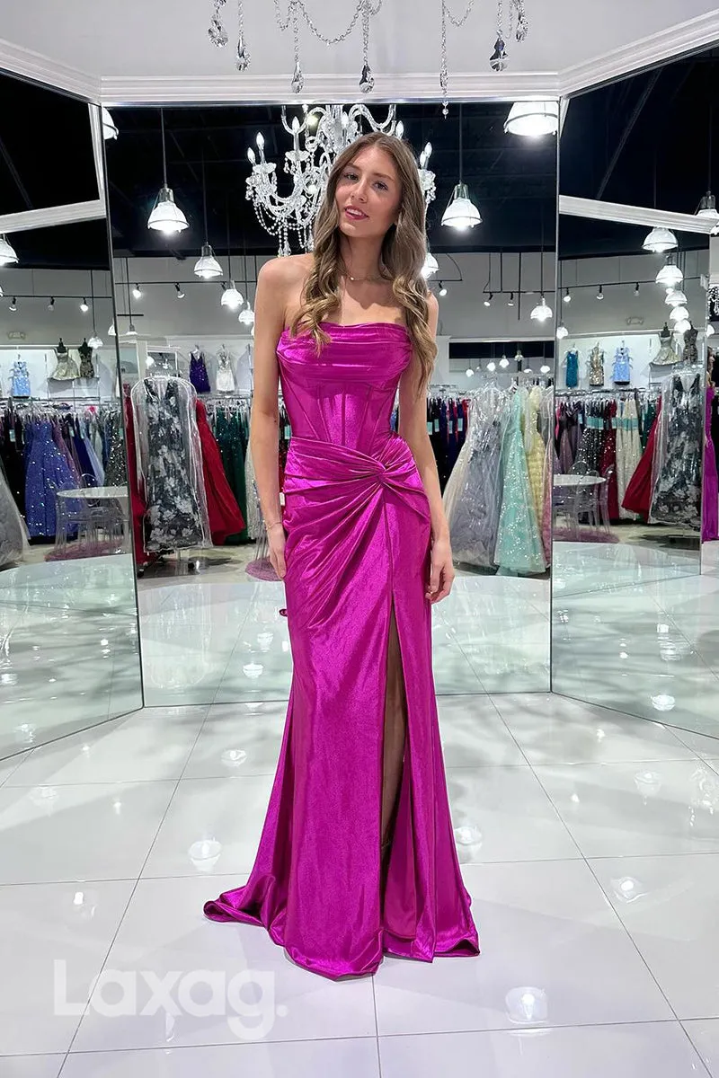 22001 - Sweetheart Elastic Satin Ruched Mermaid Formal Prom Dress with Slit