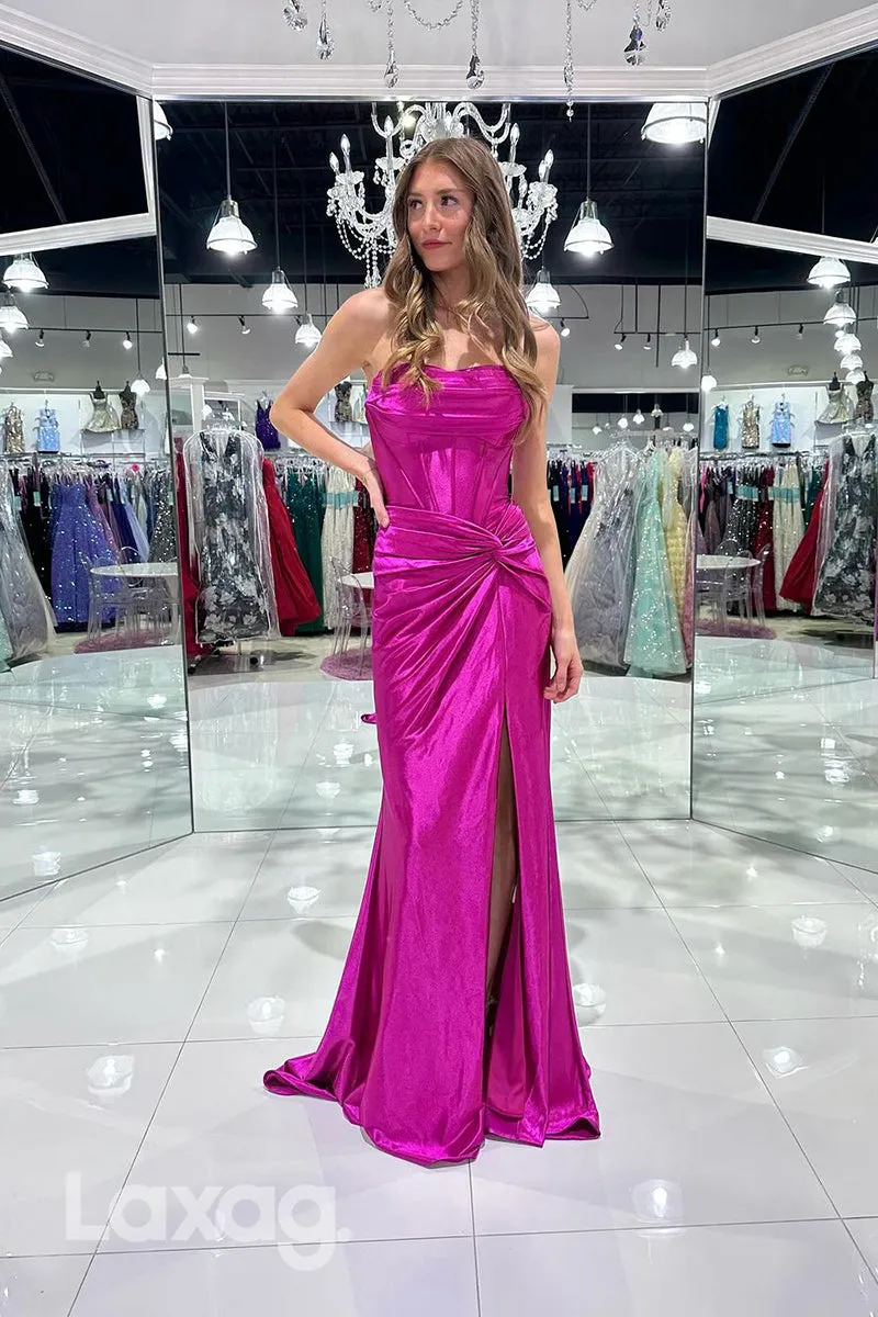 22001 - Sweetheart Elastic Satin Ruched Mermaid Formal Prom Dress with Slit