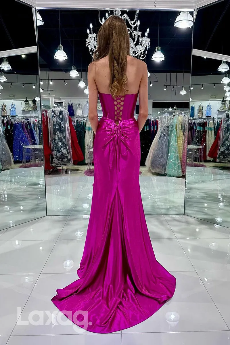 22001 - Sweetheart Elastic Satin Ruched Mermaid Formal Prom Dress with Slit