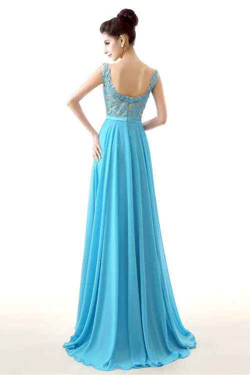 A-line Sleeves Chiffon Lace Backless Long Prom Dresses