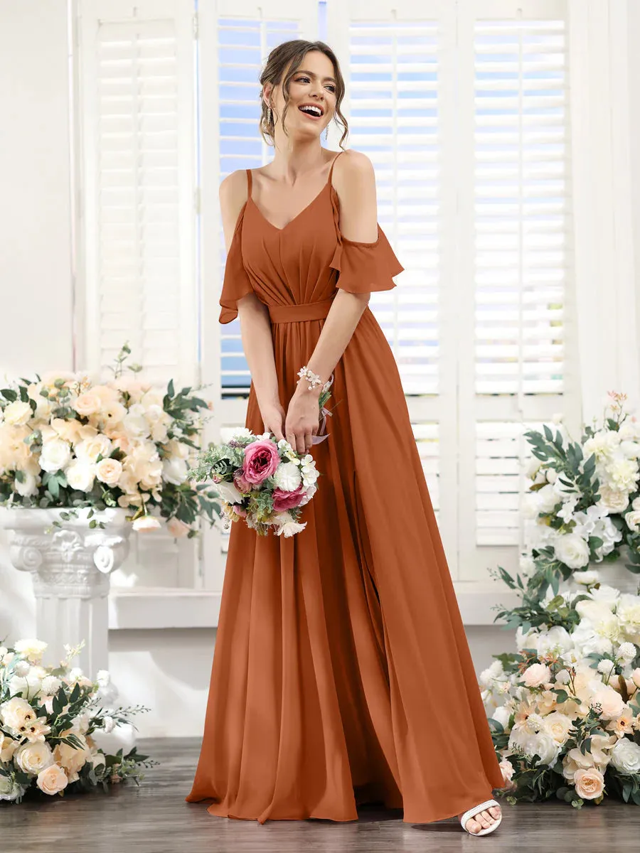 A-Line Spaghetti Straps Split Side Ruched Floor-Length Chiffon Bridesmaid Dresses