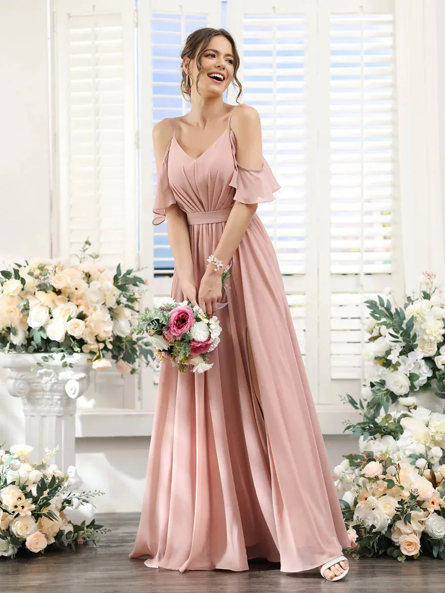 A-Line Spaghetti Straps Split Side Ruched Floor-Length Chiffon Bridesmaid Dresses