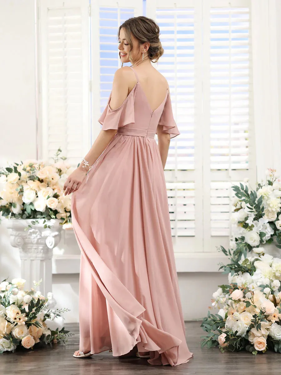 A-Line Spaghetti Straps Split Side Ruched Floor-Length Chiffon Bridesmaid Dresses