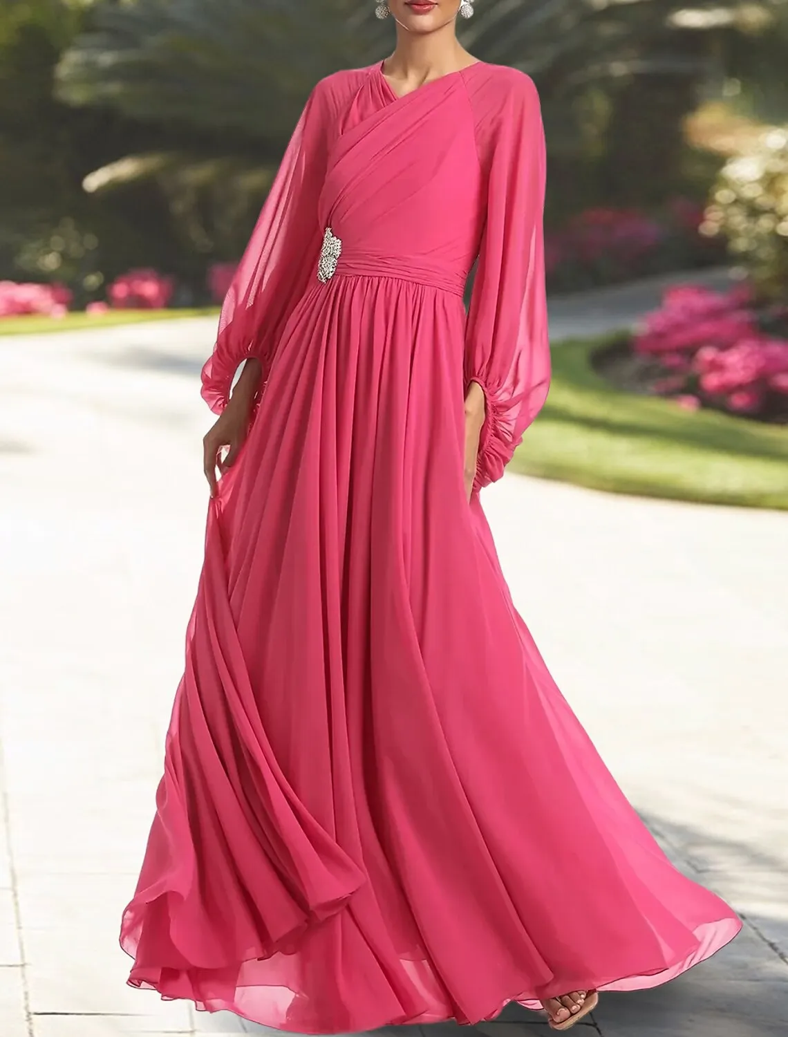 A-Line Wedding Guest Dresses Elegant Dress Holiday Cocktail Party Floor Length Long Sleeve V Neck Chiffon with Ruched