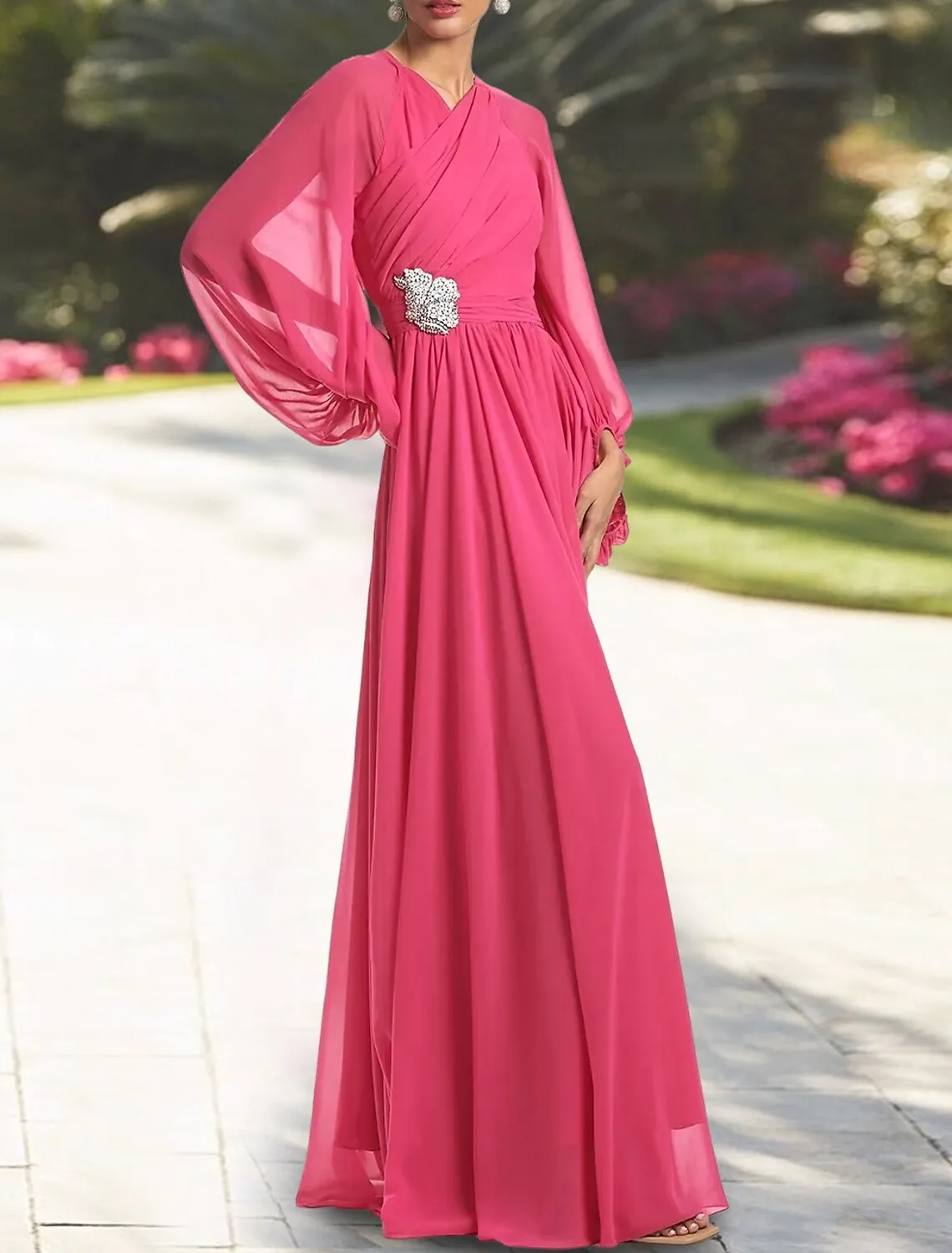 A-Line Wedding Guest Dresses Elegant Dress Holiday Cocktail Party Floor Length Long Sleeve V Neck Chiffon with Ruched