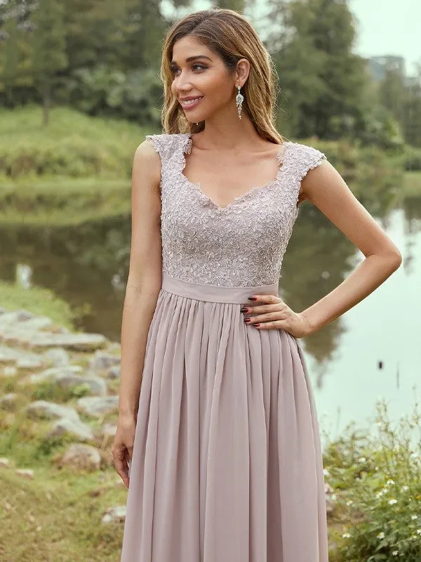 A-Line/Princess Chiffon Applique Sweetheart Sleeveless Floor-Length Bridesmaid Dresses