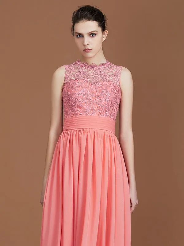 A-Line/Princess Jewel Sleeveless Lace Floor-Length Chiffon Bridesmaid Dresses