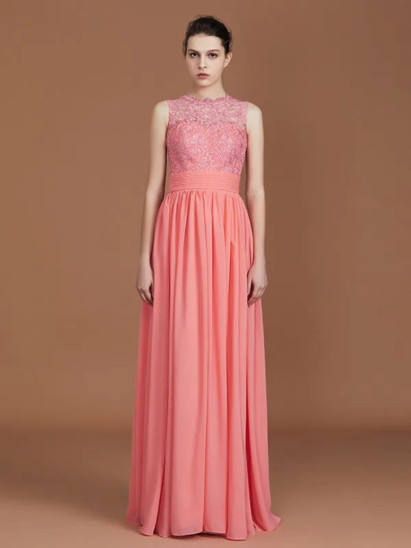 A-Line/Princess Jewel Sleeveless Lace Floor-Length Chiffon Bridesmaid Dresses