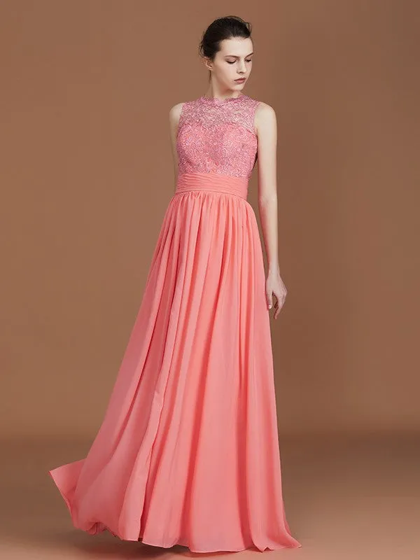 A-Line/Princess Jewel Sleeveless Lace Floor-Length Chiffon Bridesmaid Dresses