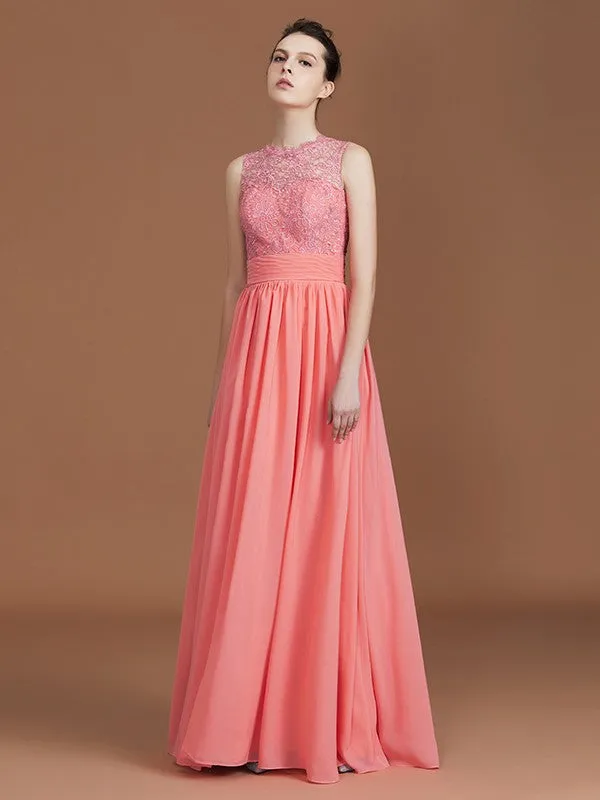 A-Line/Princess Jewel Sleeveless Lace Floor-Length Chiffon Bridesmaid Dresses