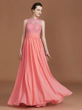 A-Line/Princess Jewel Sleeveless Lace Floor-Length Chiffon Bridesmaid Dresses