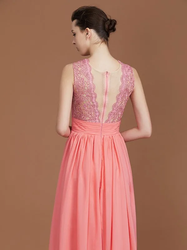 A-Line/Princess Jewel Sleeveless Lace Floor-Length Chiffon Bridesmaid Dresses