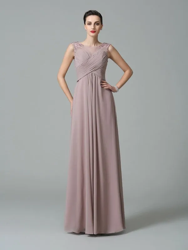 A-Line/Princess Scoop Ruched Sleeveless Long Chiffon Bridesmaid Dresses