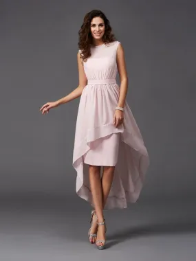 A-Line/Princess Scoop Sash/Ribbon/Belt Sleeveless High Low Chiffon Bridesmaid Dresses