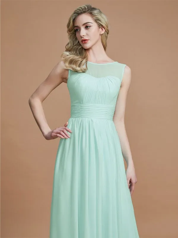 A-Line/Princess Scoop Sleeveless Floor-Length Chiffon Bridesmaid Dresses