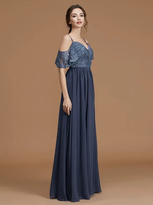 A-Line/Princess Spaghetti Straps Sleeveless Floor-Length Lace Chiffon Bridesmaid Dresses