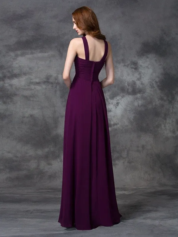 A-line/Princess Straps Ruched Sleeveless Long Chiffon Bridesmaid Dresses