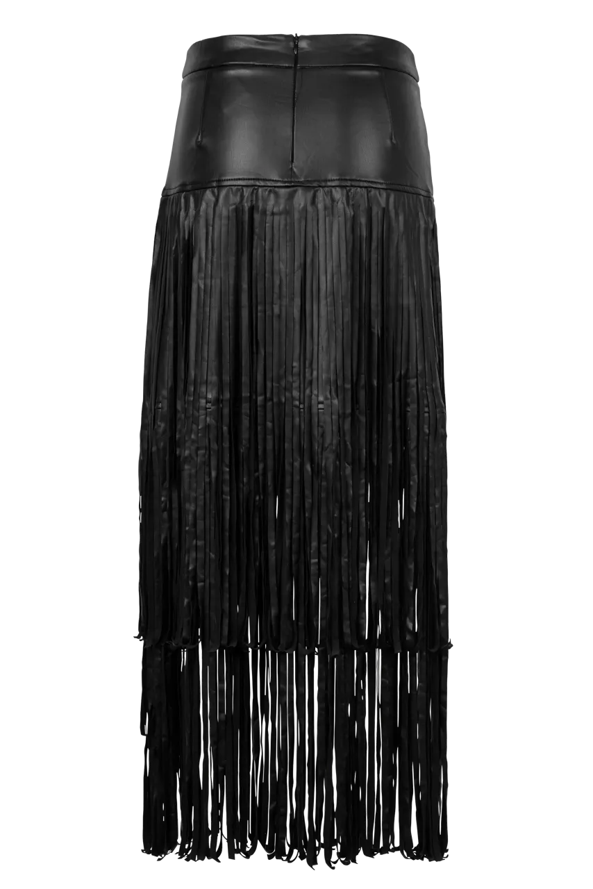 Adore Vegan Leather Long Fringe Skirt