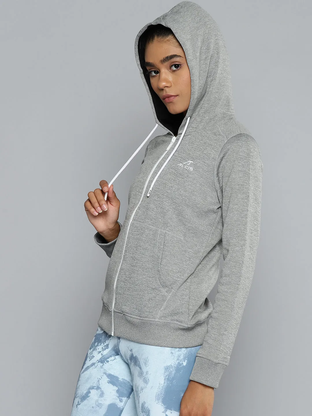 ALCIS Women Grey Melange Solid Brand Logo Embroidered Detail Hooded Sweatshirt