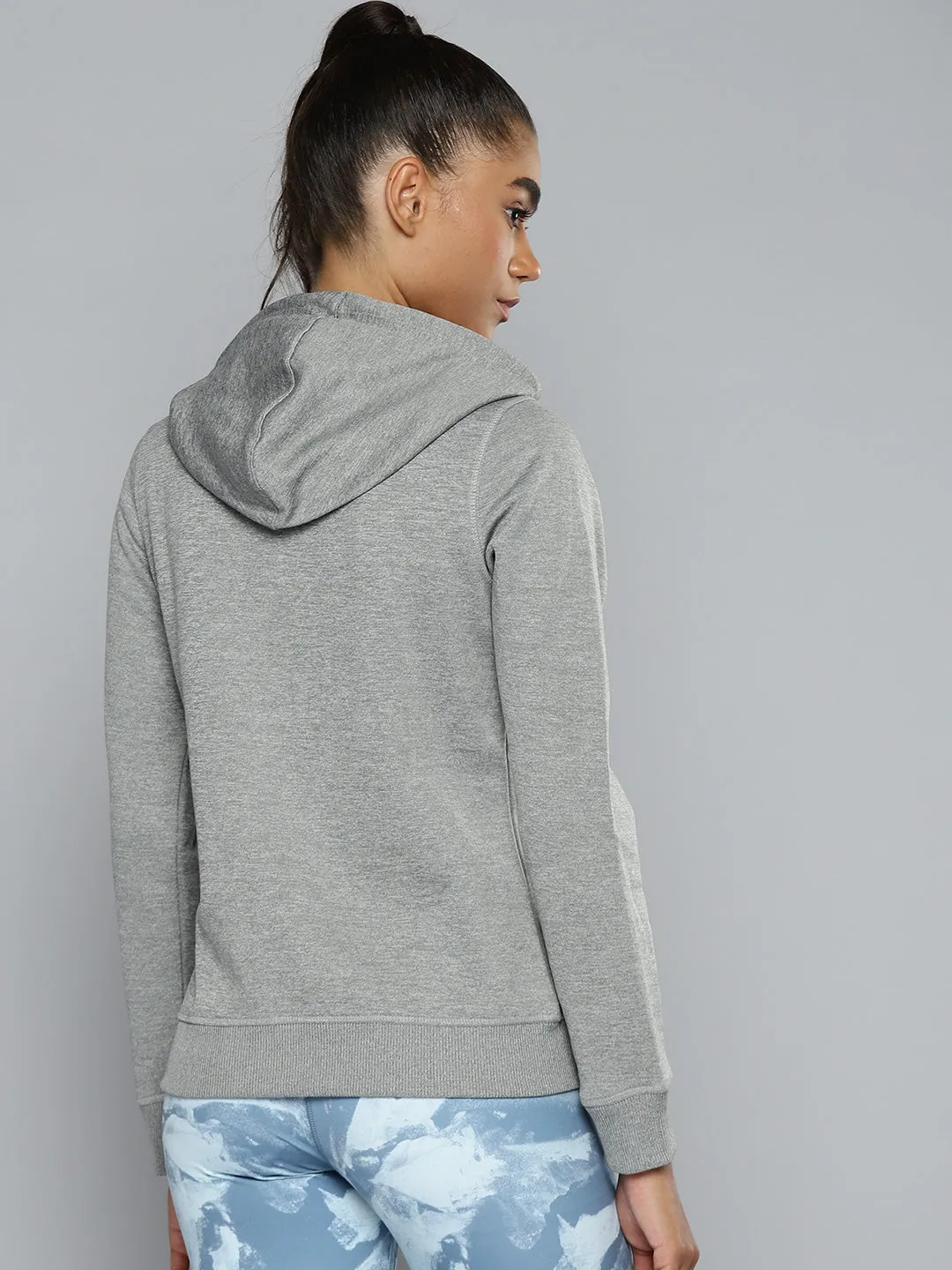 ALCIS Women Grey Melange Solid Brand Logo Embroidered Detail Hooded Sweatshirt