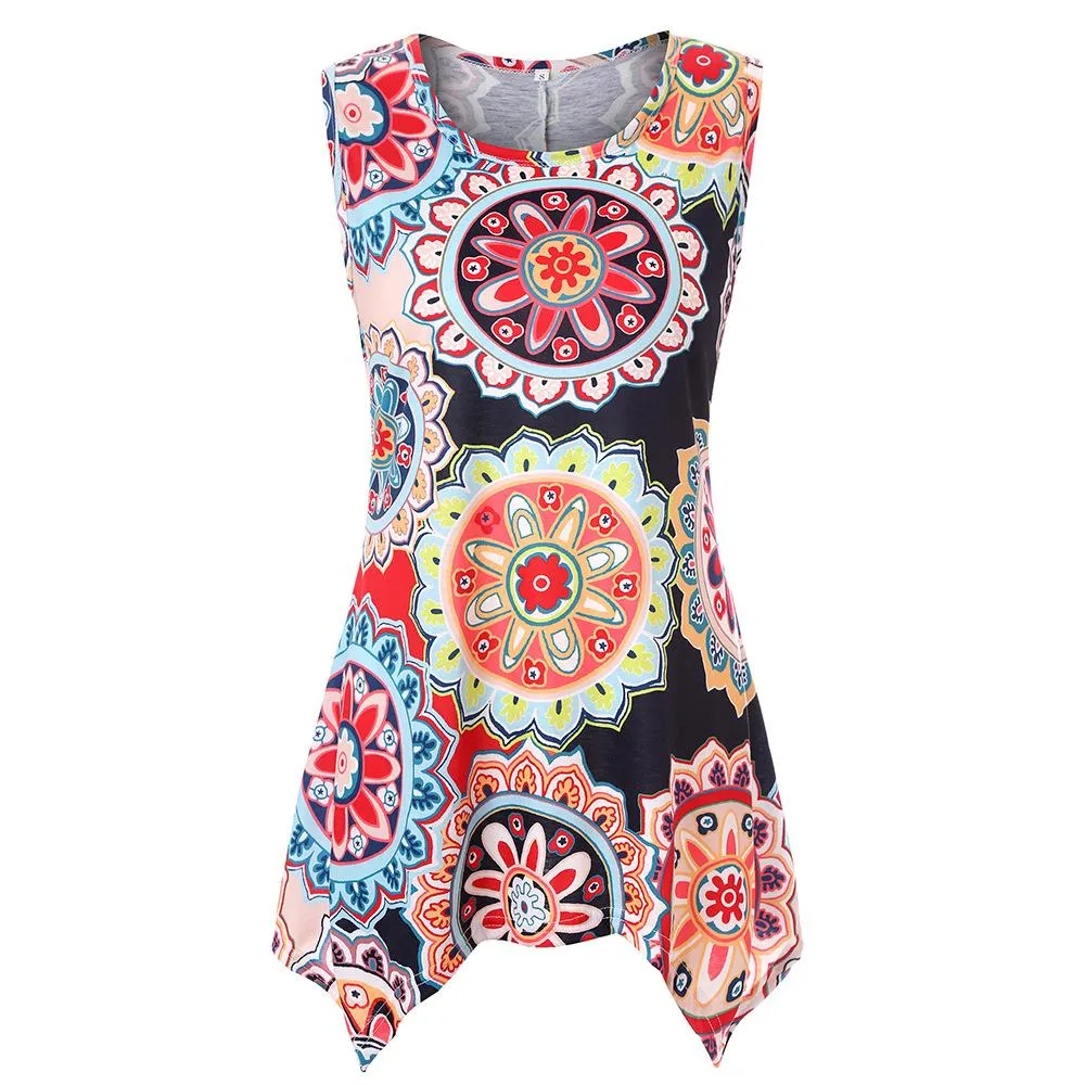 Asymmetry Print Round neck Sleeveless Tops