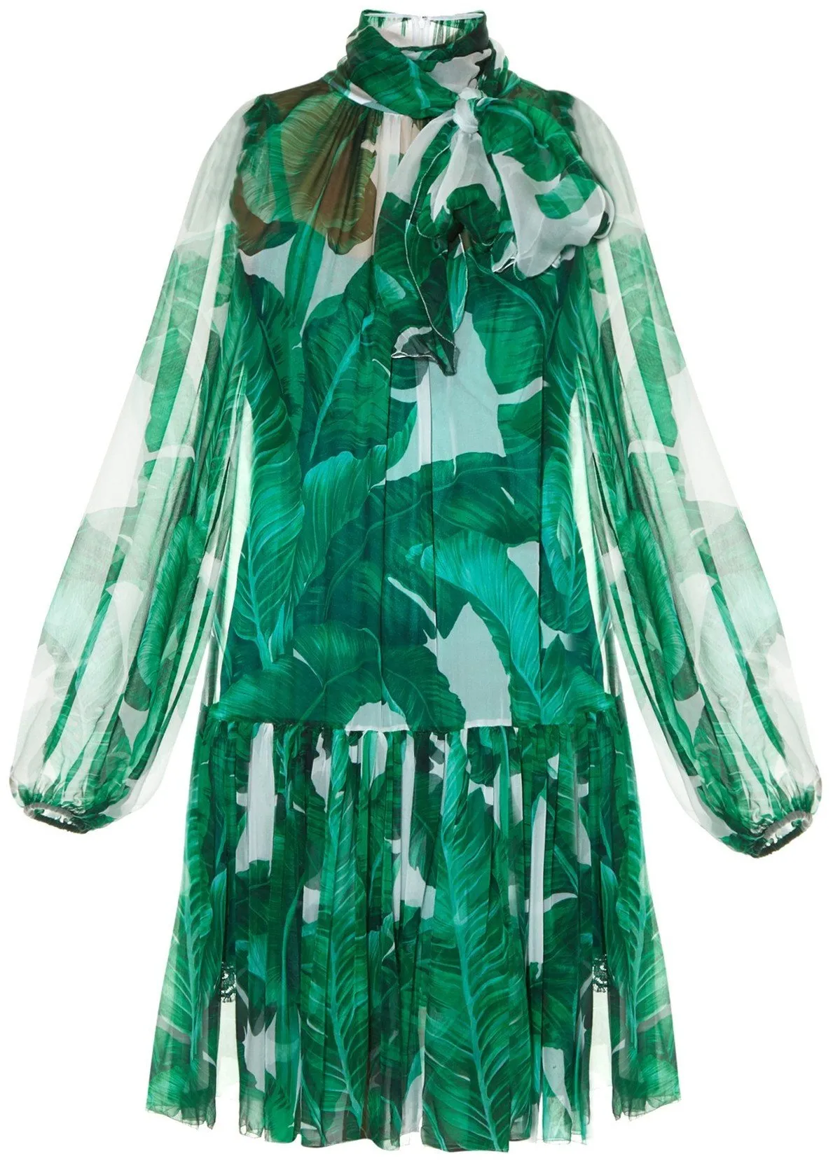 Banana Leaf Print Tie-Neck Chiffon Dress