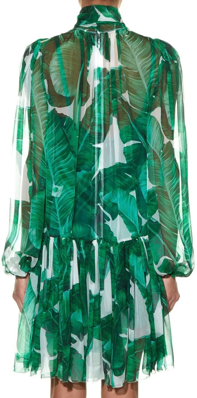 Banana Leaf Print Tie-Neck Chiffon Dress