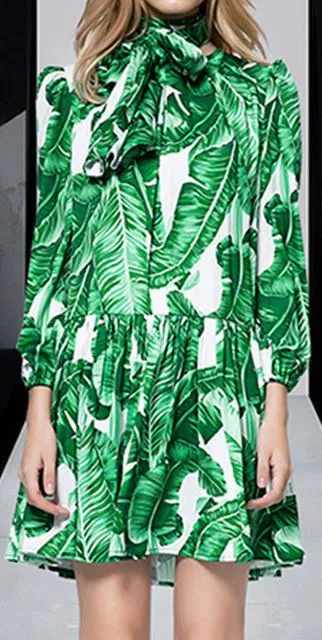 Banana Leaf Print Tie-Neck Chiffon Dress