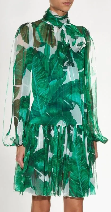 Banana Leaf Print Tie-Neck Chiffon Dress