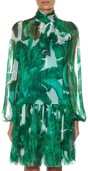 Banana Leaf Print Tie-Neck Chiffon Dress