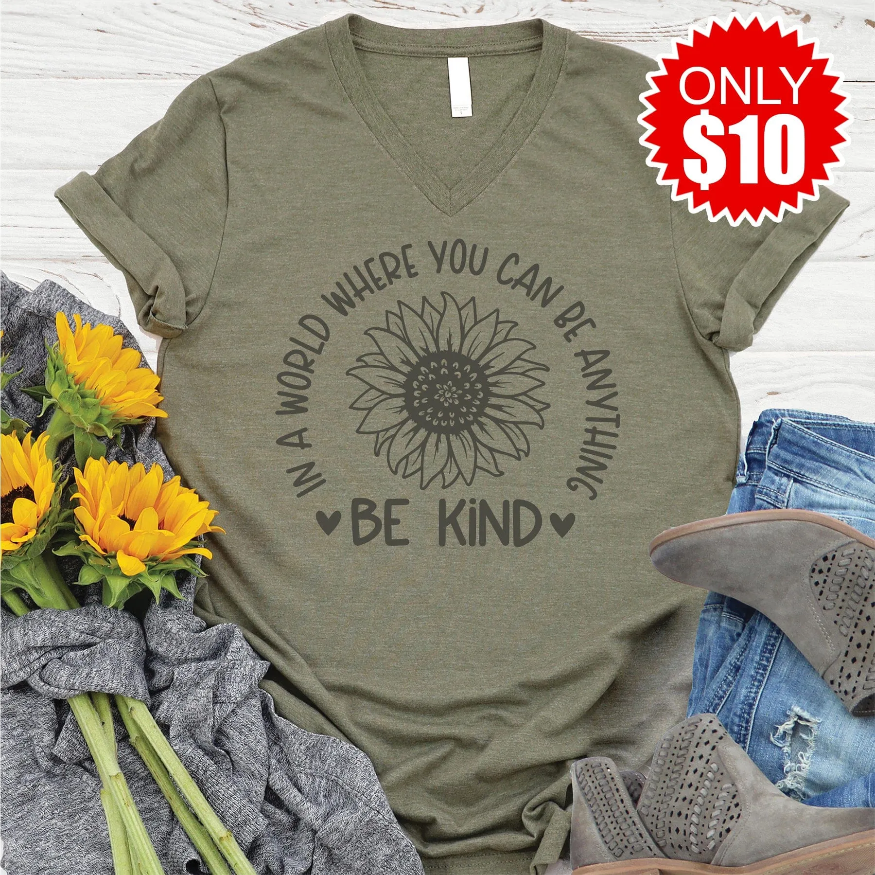 Be Kind Sunflower V-Neck - 10