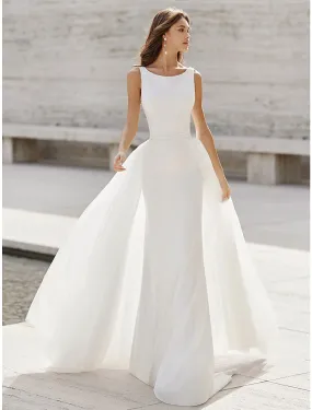 Beach Open Back Wedding Dresses Mermaid / Trumpet Scoop Neck Sleeveless Court Train Satin Bridal Suits Bridal Gowns With Appliques Summer Wedding Party