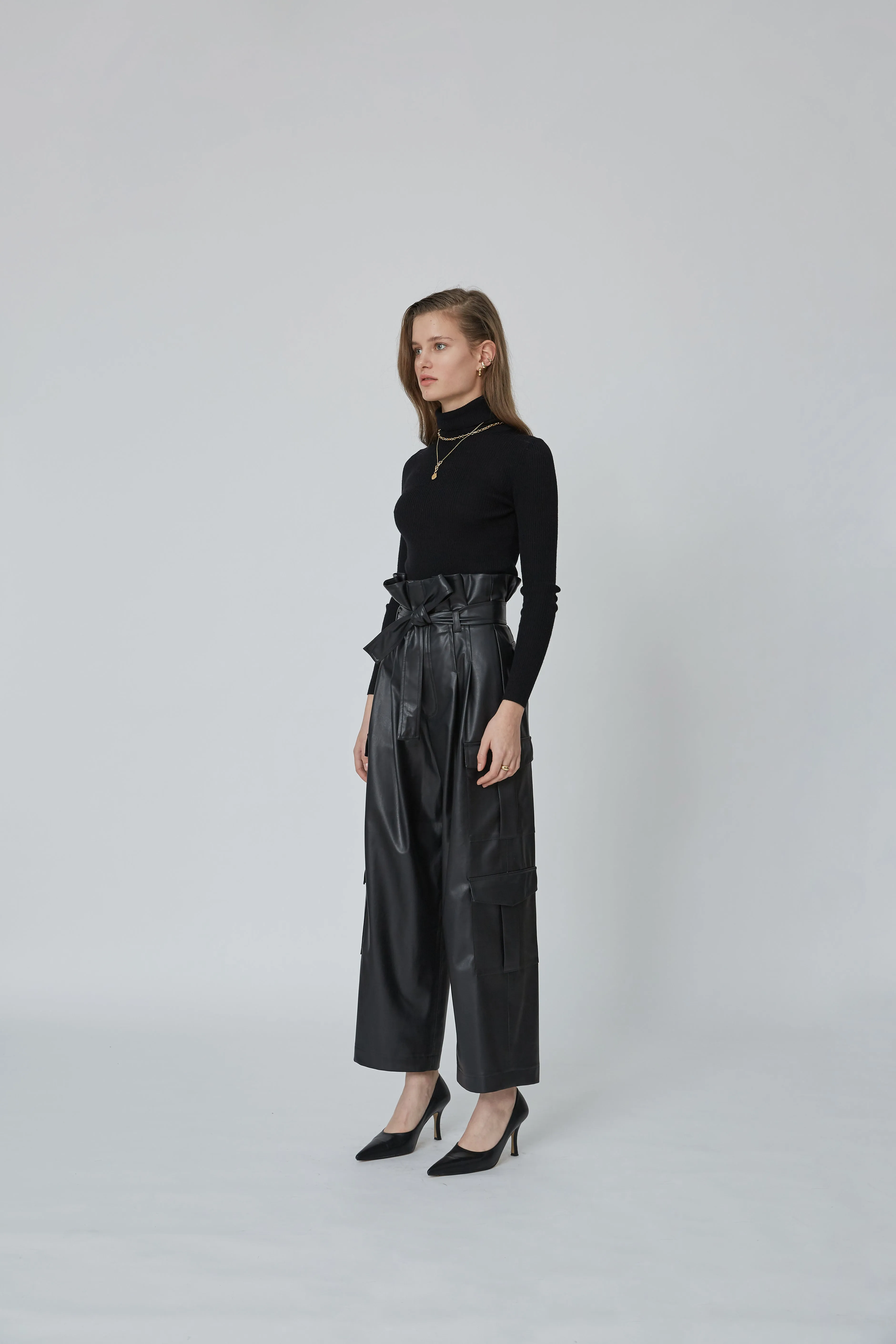 Belted faux-leather paperbag pants