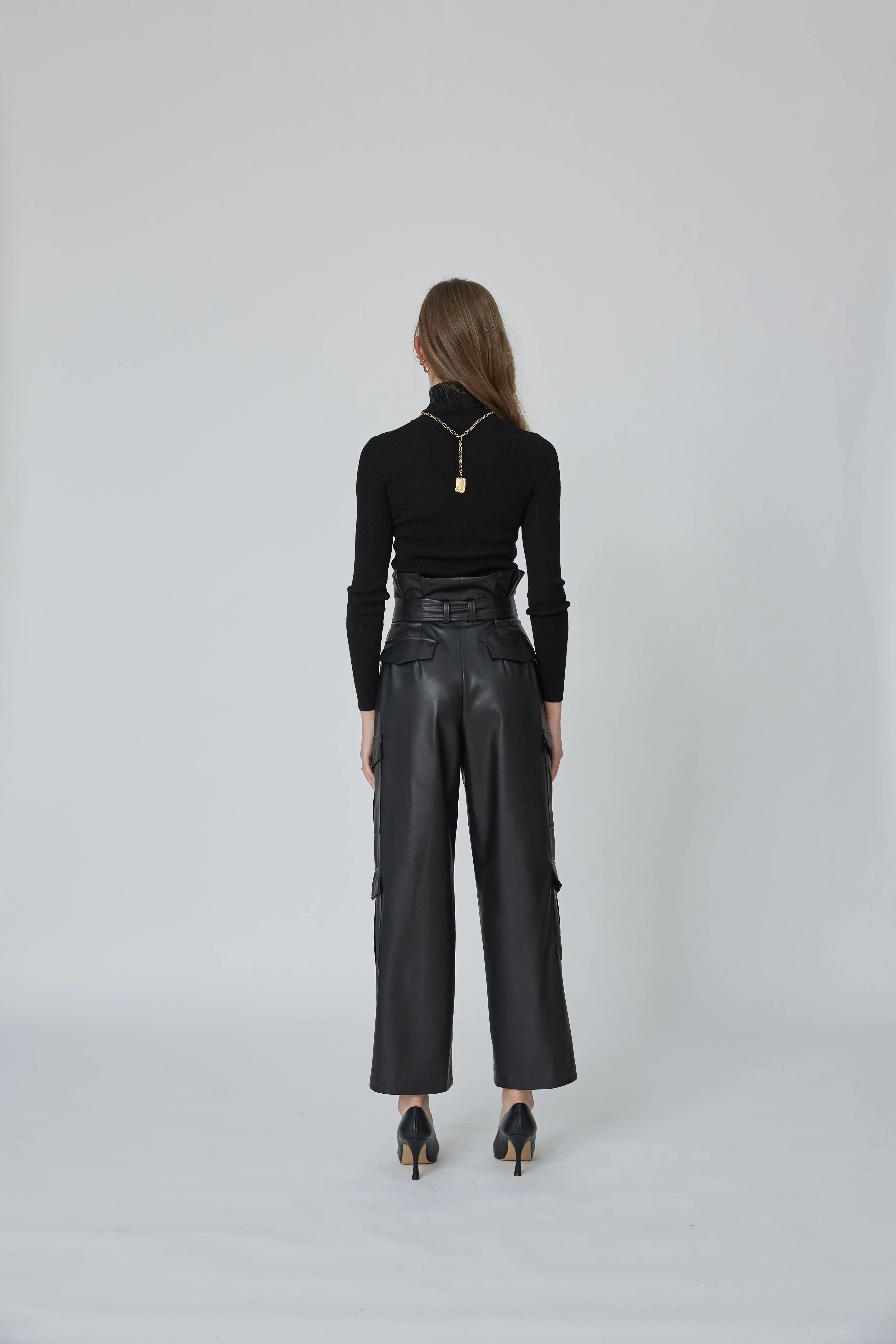 Belted faux-leather paperbag pants