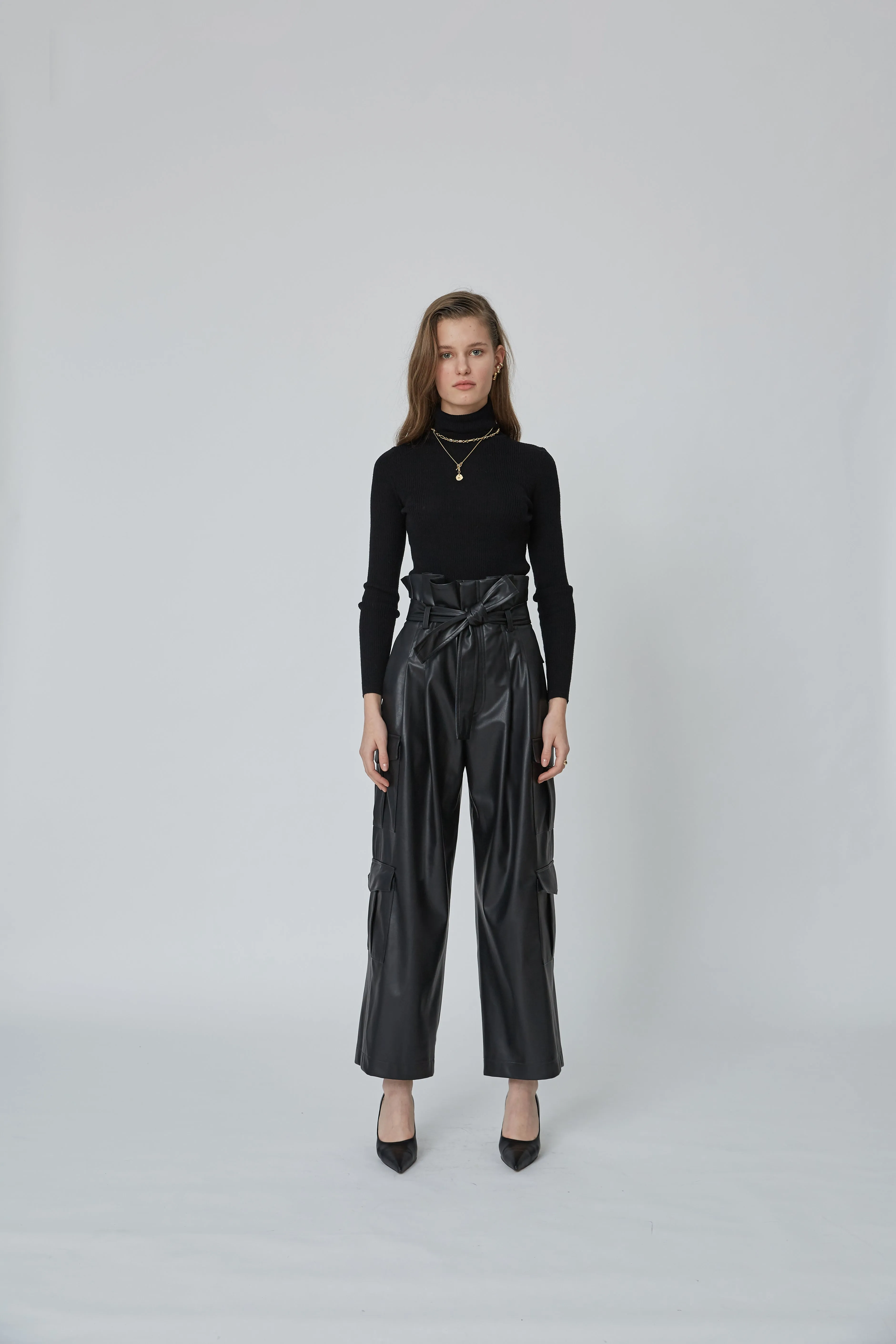 Belted faux-leather paperbag pants