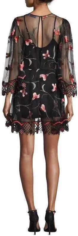 Black Lace-Trimmed Printed Chiffon Mini Dress