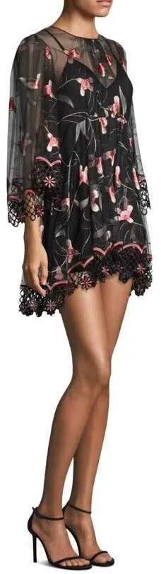 Black Lace-Trimmed Printed Chiffon Mini Dress