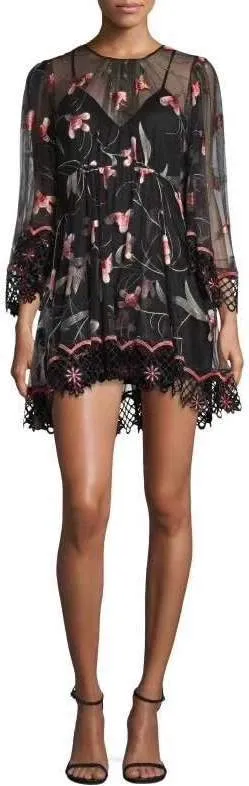 Black Lace-Trimmed Printed Chiffon Mini Dress