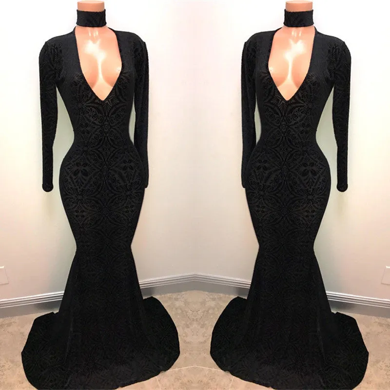 Black Lace V-Neck Prom Party Gowns| Mermaid Long-Sleeve Evening Gowns