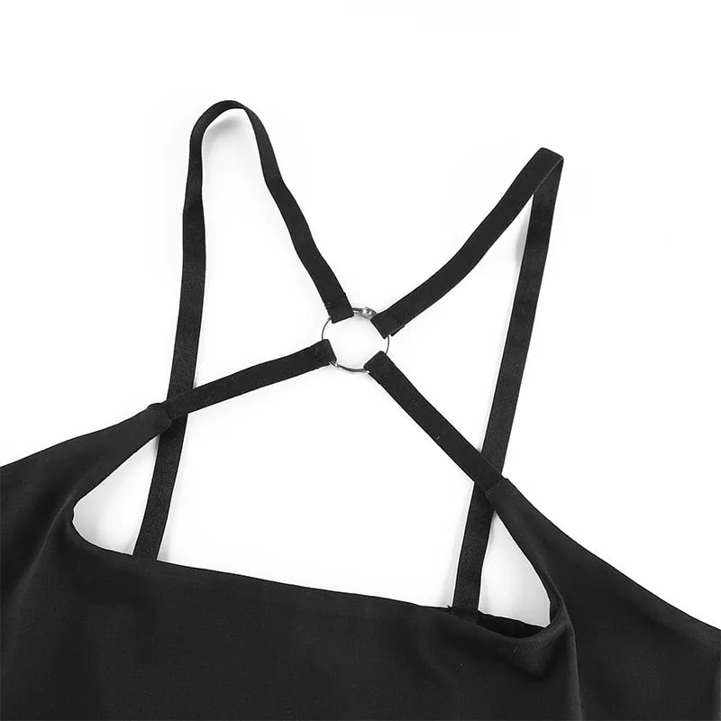 Black Solid Cut Out Crop Top Female Slim Sexy Rave Party Clubwear Cross Choker Summer Tops For Women Camisole Pink Tees