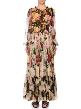 Blouson-Sleeve Floral-Print Chiffon Gown