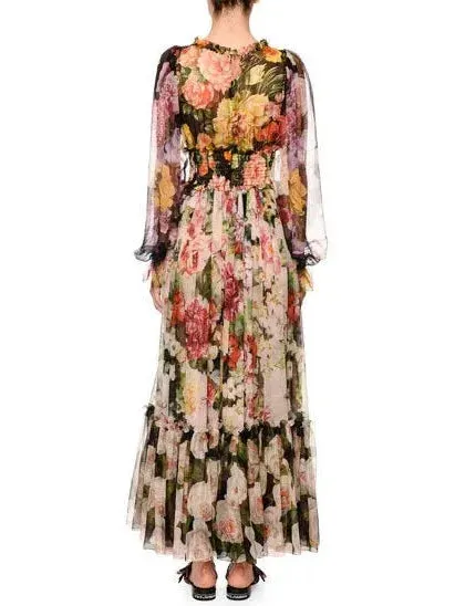 Blouson-Sleeve Floral-Print Chiffon Gown