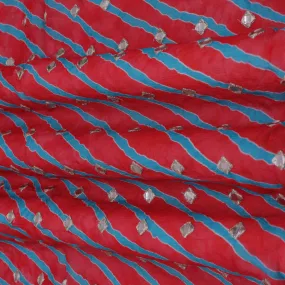 Blue Stripe Chinon Chiffon Print Mirror Work Fabric