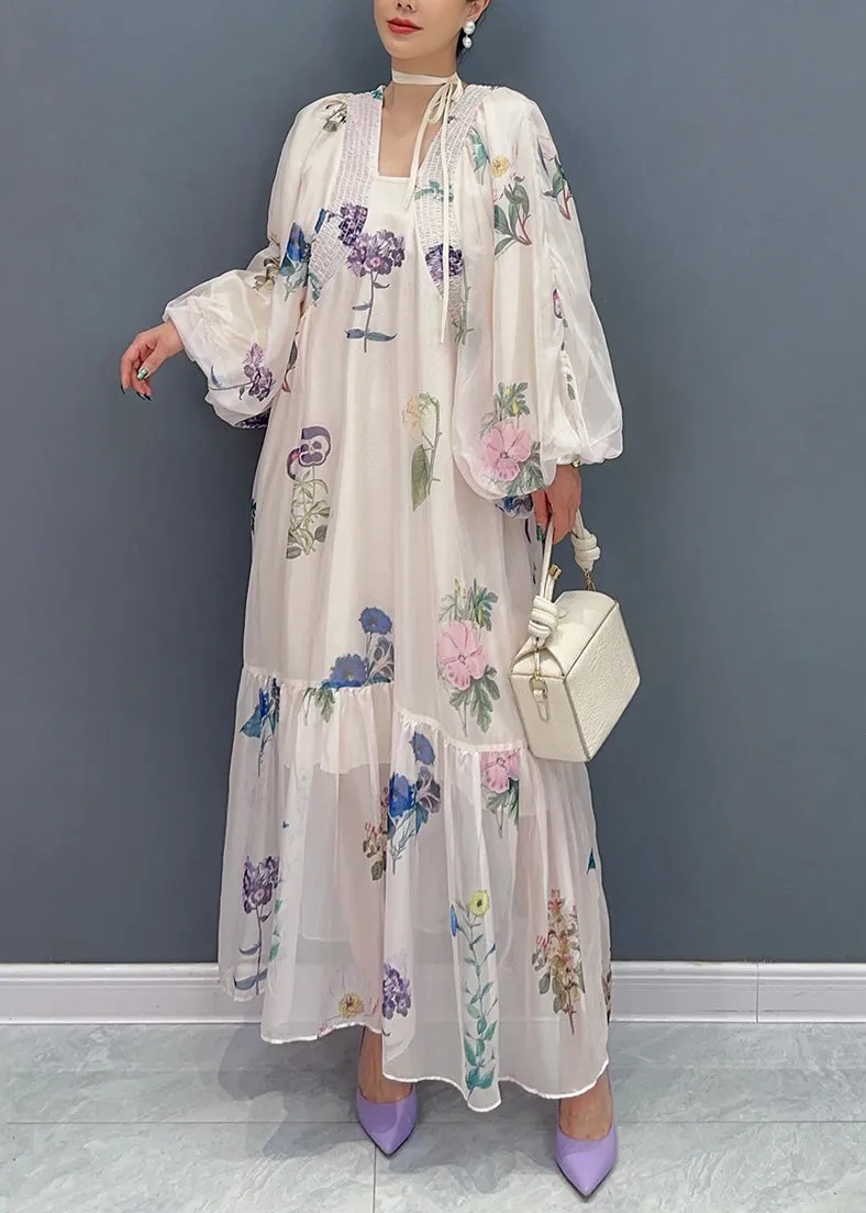 Bohemian White Print Chiffon Long Dresses Lantern Sleeve AR1027