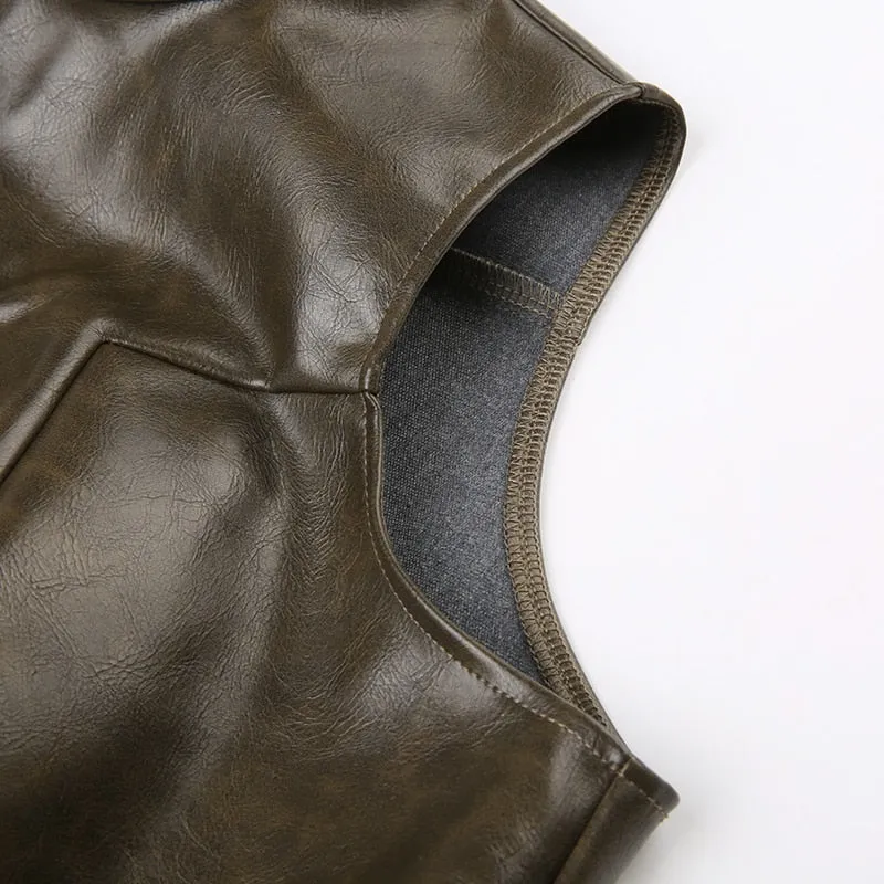 Brown Zipper Sleeveless Leather Top