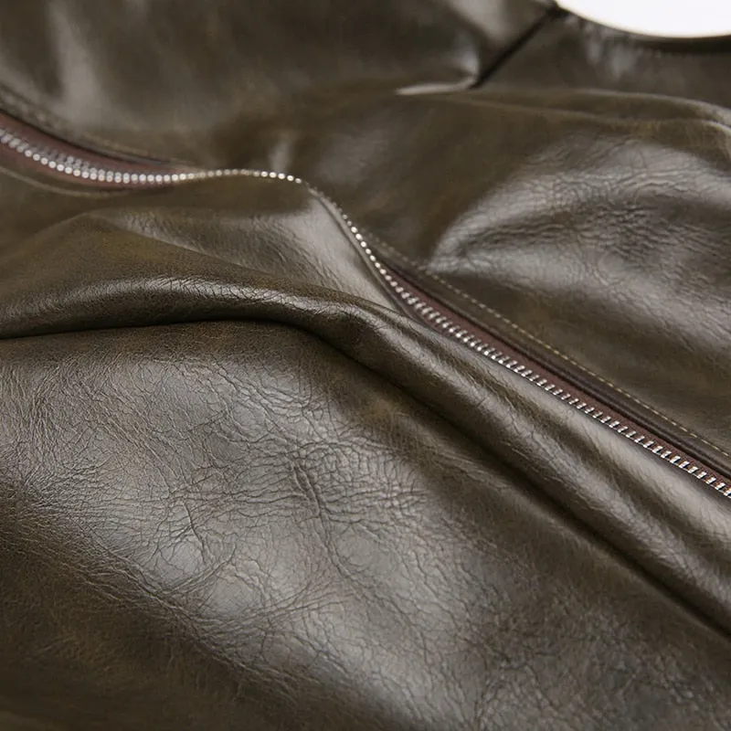 Brown Zipper Sleeveless Leather Top