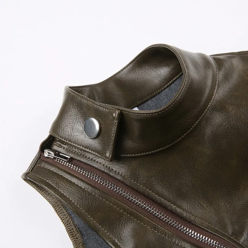 Brown Zipper Sleeveless Leather Top